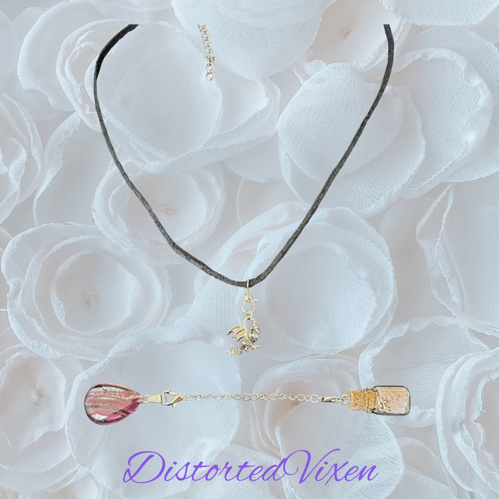Red Glass Teardrop Necklace with Spell Bottle & Dragon Charm | Interchangeable - Picture 3 of 8